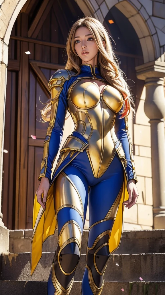 best quality, official art, masterpiece, textile shading, HDR, very detailed, colorful, best details, fantasy, battle suit, Leila Malcal:1.5, 1 female, 25 years old, gold hair, long hair, curly hair, best quality, official art, masterpiece, textile shading, HDR, very detailed, colorful, best details, fantasy, battle suit,1 female, 25 years old, standing on stairs, a castle town with an old castle view, sunny, random hair, big breast, skinny, Surrounded by a large crowd:1.9, Confetti flutters, Blessed, Being welcomed:1.5, cameltoe:1.3, ground level shot:,