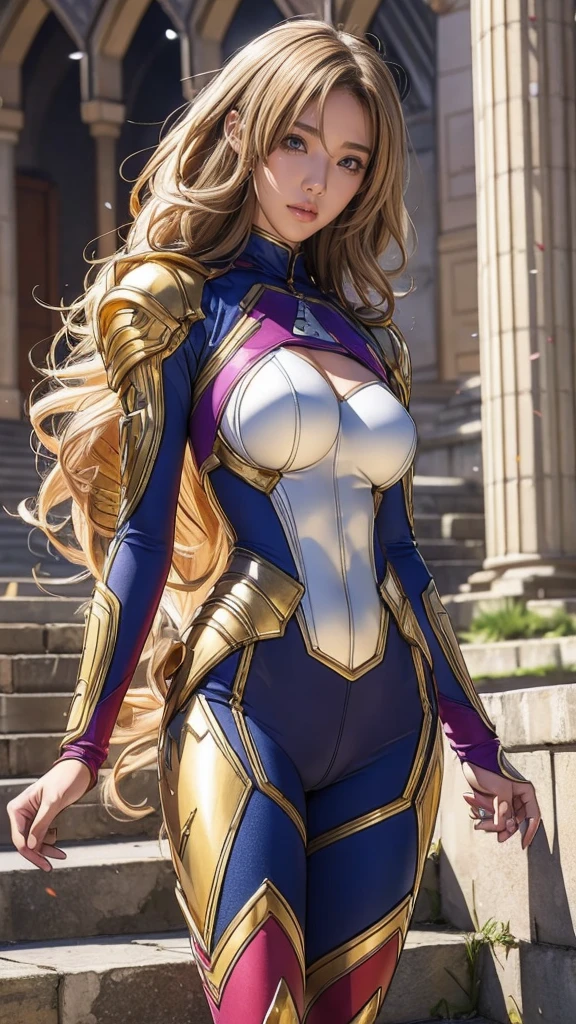 best quality, official art, masterpiece, textile shading, HDR, very detailed, colorful, best details, fantasy, battle suit, Leila Malcal:1.5, 1 female, 25 years old, gold hair, long hair, curly hair, best quality, official art, masterpiece, textile shading, HDR, very detailed, colorful, best details, fantasy, battle suit,1 female, 25 years old, standing on stairs, a castle town with an old castle view, sunny, random hair, big breast, skinny, Surrounded by a large crowd:1.9, Confetti flutters, Blessed, Being welcomed:1.5, cameltoe:1.3, ground level shot:,