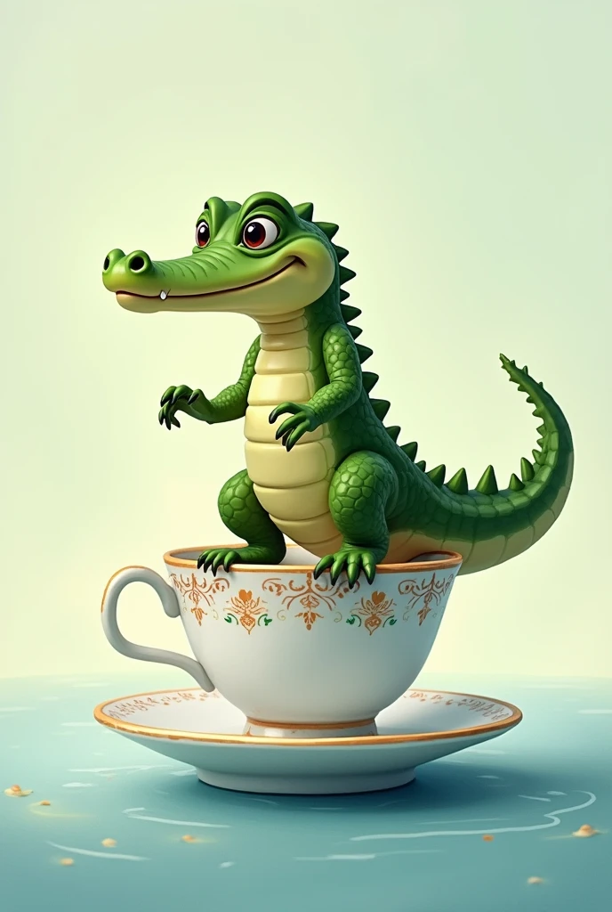 Little alligator surfing on a tea cup