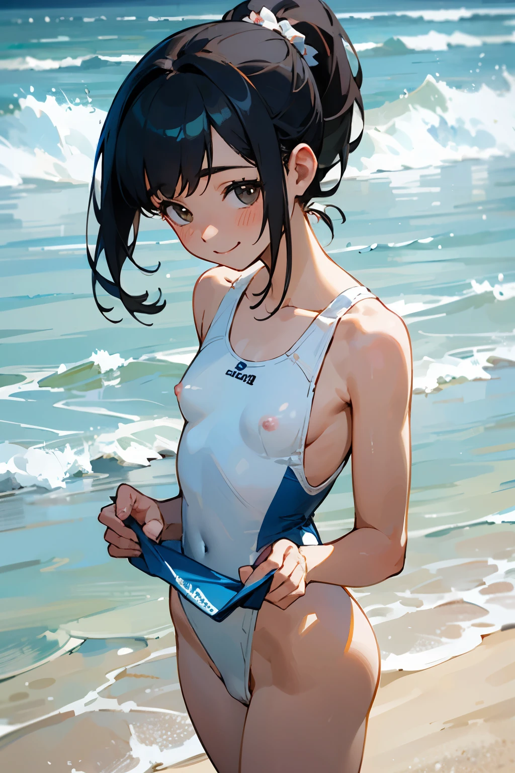 NSFW、In the best quality、 girl standing on a sandy beach。In high resolution、Beautiful details、Quiet atmosphere。Black hair ponytail、Cute Smile.。Small breasts、Cute floral one-piece swimsuit。