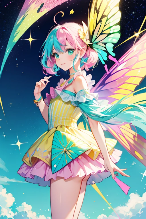 Flutter is a pink girl butterfly with multicolored wings with the colors sea green, blue, gold, purple, and pink, turquoise antennae, yellow legs, and a white face . SPARKLE; GLITTER