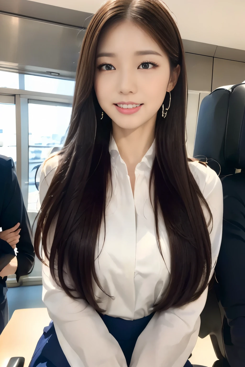 ((Highest quality, 8k, masterpiece: 1.3)), concentrated: 1.2, Perfect beauty: 1.6, Astock: 1.3, ((Straight Hairstyles), (Flight attendant uniform: 1.1), (evening, Airport reception counter), Highly detailed face and skin texture, Narrow eyes, double eyelid, Whitening skin, Long Hair, (shut up: 1.3), smile, window,terminal