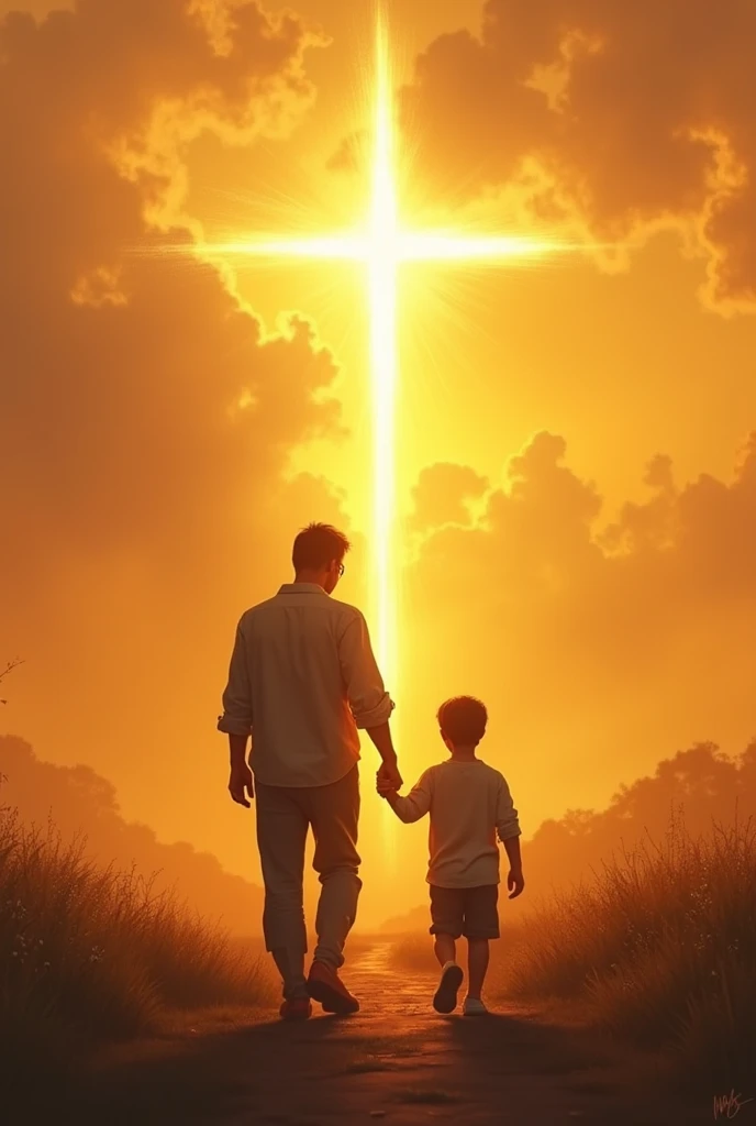 a scene where a father and his son are holding hands, walking. Ao fundo, the sunlight rises, symbolizing hope and divine guidance. in the sky, a bright cross or a cross-shaped beam of light, highlighting the faith that unites the family and the importance of the father as a spiritual guide