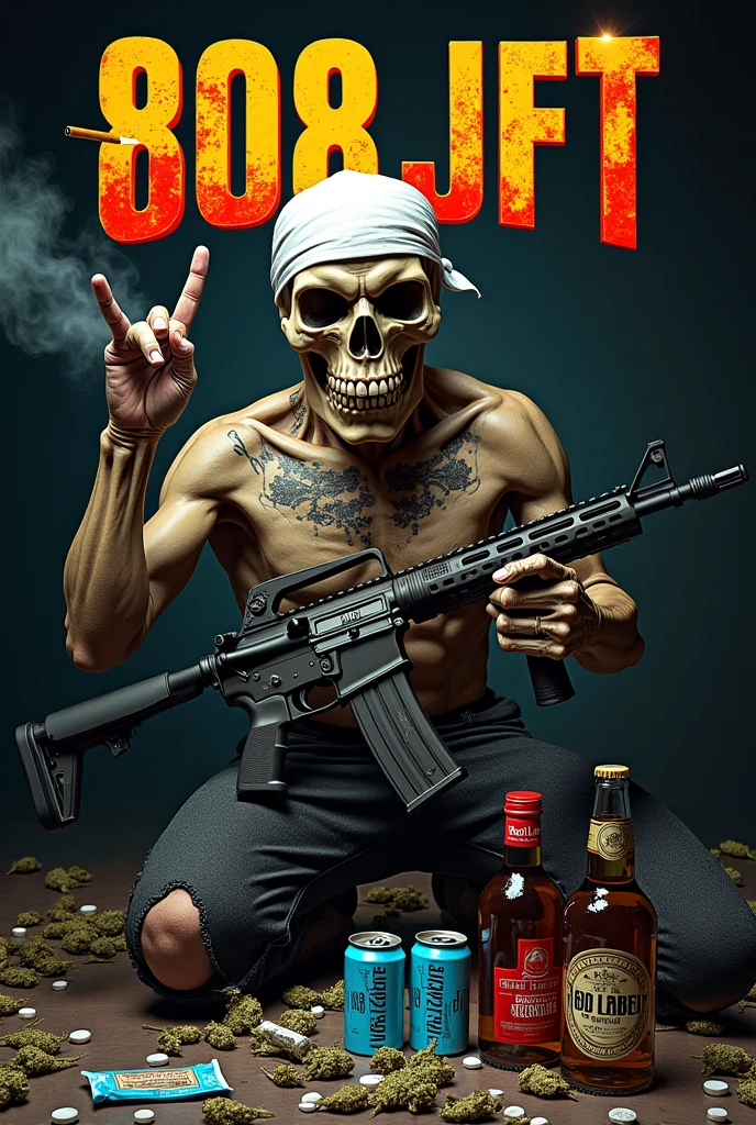 a word art image of dimensions 600×600 pixels using the word "808_JFT" .with a skull holding an ARI5 on his right hand wrapping a white bandana on his head.with a lighted smoking weed on his mouth. A black tattoo written "808Westside" on his chest.Down below the  art name there's scattered mariuwana leaves,used drugs pills,used injection drug syringes,3 blue cans labelled "808westside",condoms,used cigarettes filters and 2 full Red label liqour  bottles as the background