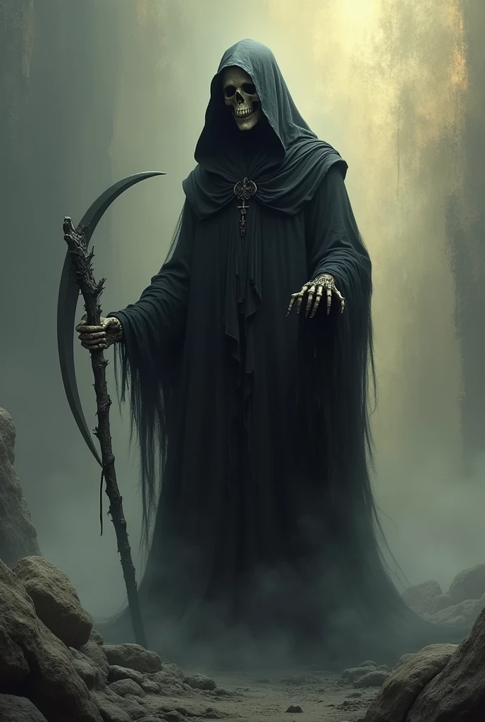 Create an image of the Grim Reaper with a background in the range of grays and golds
