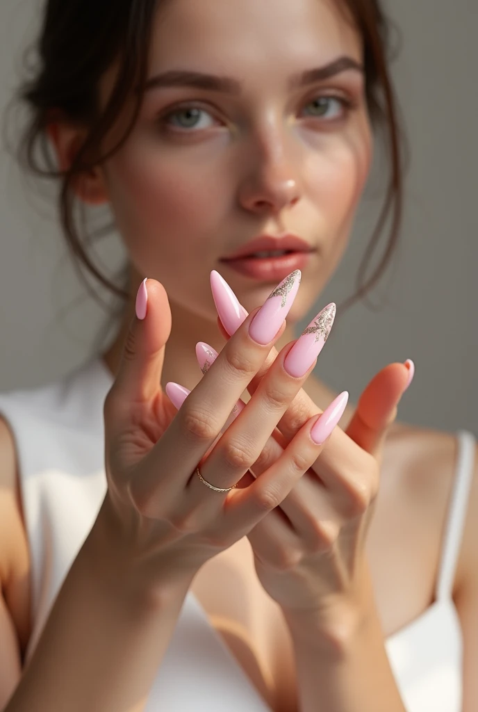 Long flirty nails for a thin girl in pink with a touch of gold