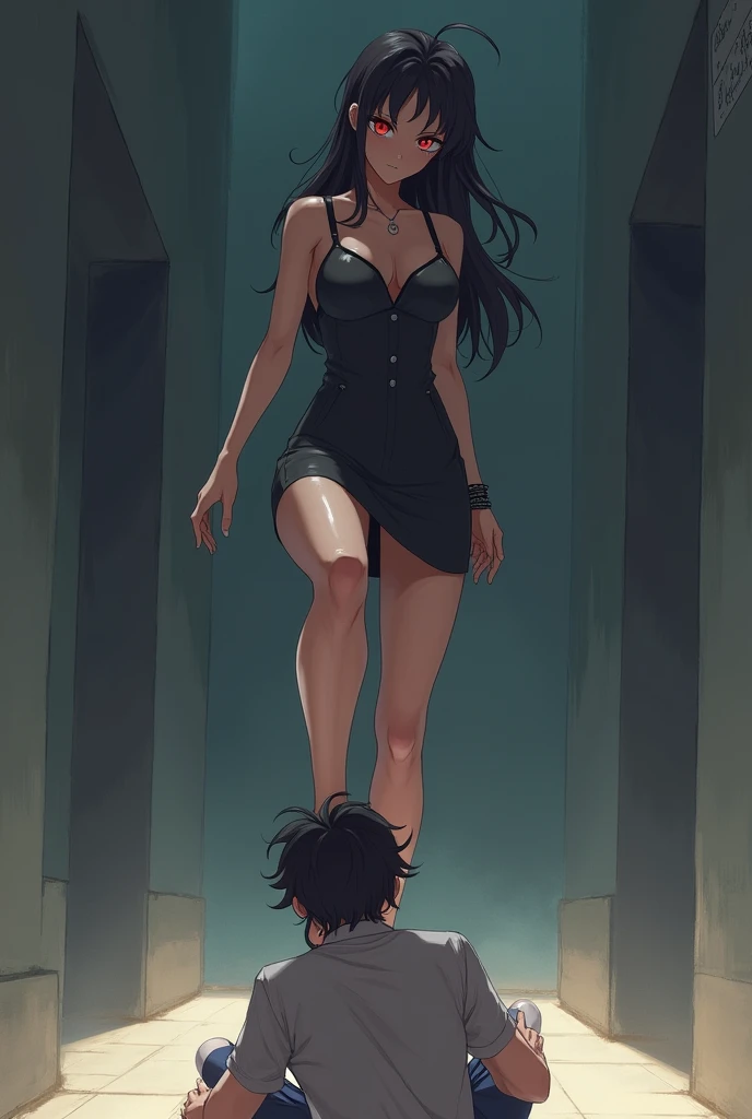 Short Mistress in red babydoll dress holding a whip standing over a naked male slave on the floor. Slave is on his knees, face down and ass up, anime style. Mistress is behind the slave looking at his ass to whip.