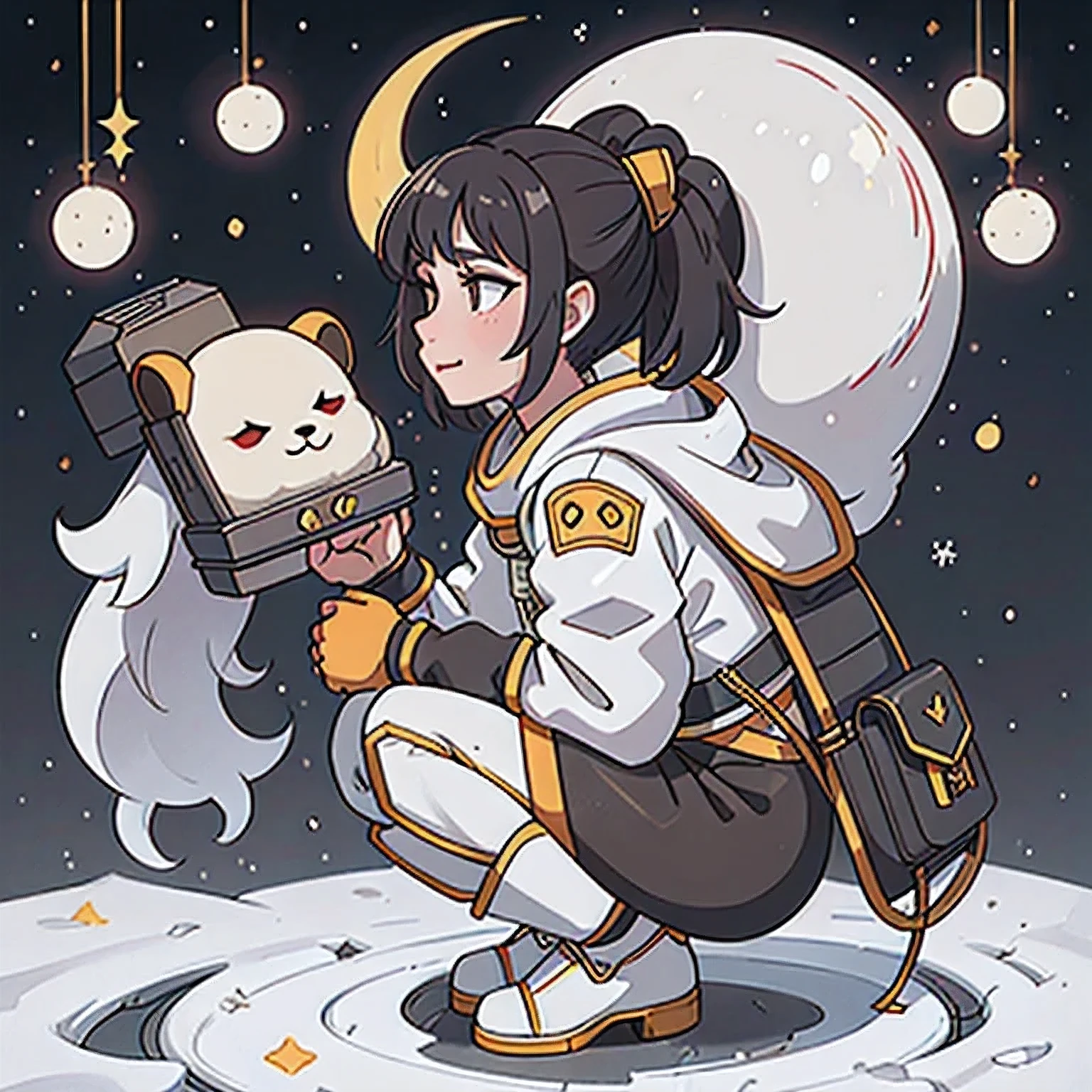 Lunar snow area Big Horned Ghost Golden Sheep Wearing Future Black Gold Silk Space Suit Space Squatting 1:900 miniatures,Realistic Painting,
Wear reflective black sunglasses,Full body portrait,Side View,Tulle Chest Protector,Burgundy Leggings,Squatting with clenched fists,very happy,Movie Light,Lunar snow area,8k