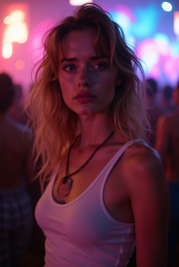 A troubled looking 19 yo white hewishgirl in a sweaty white tank top at a rave. Close up . Looks like dakota fanning