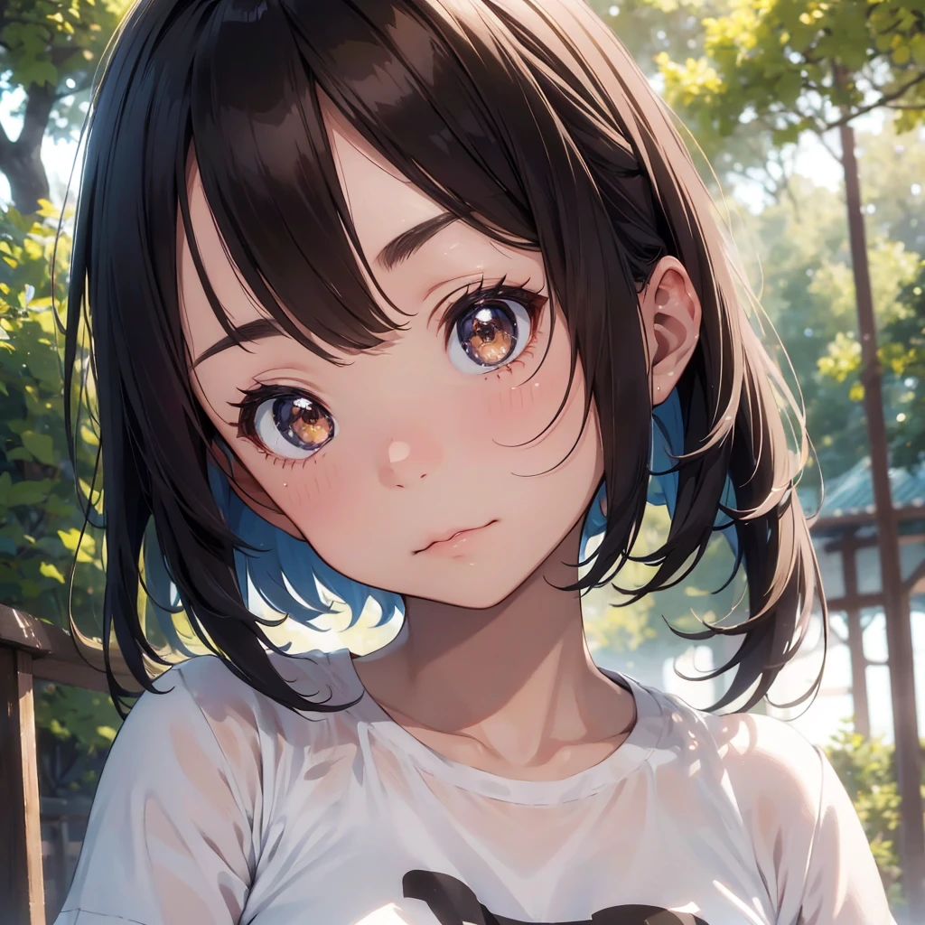 1girl, half japanese, detailed cute and beautiful face, big eyes, long eyelashes, bob haircut, light brown hair, white t-shirt with gear print, forest background, (best quality,4k,8k,highres,masterpiece:1.2),ultra-detailed,(realistic,photorealistic,photo-realistic:1.37), soft lighting, warm color palette, extremely detailed facial features, elegant expression, natural lighting, cinematic composition