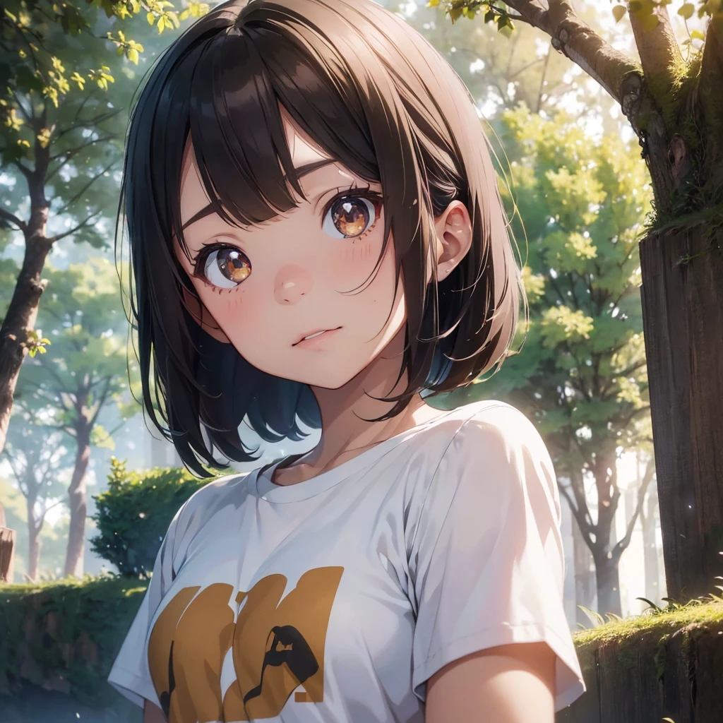 1girl, half japanese, detailed cute and beautiful face, big eyes, long eyelashes, bob haircut, light brown hair, white t-shirt with gear print, forest background, (best quality,4k,8k,highres,masterpiece:1.2),ultra-detailed,(realistic,photorealistic,photo-realistic:1.37), soft lighting, warm color palette, extremely detailed facial features, elegant expression, natural lighting, cinematic composition