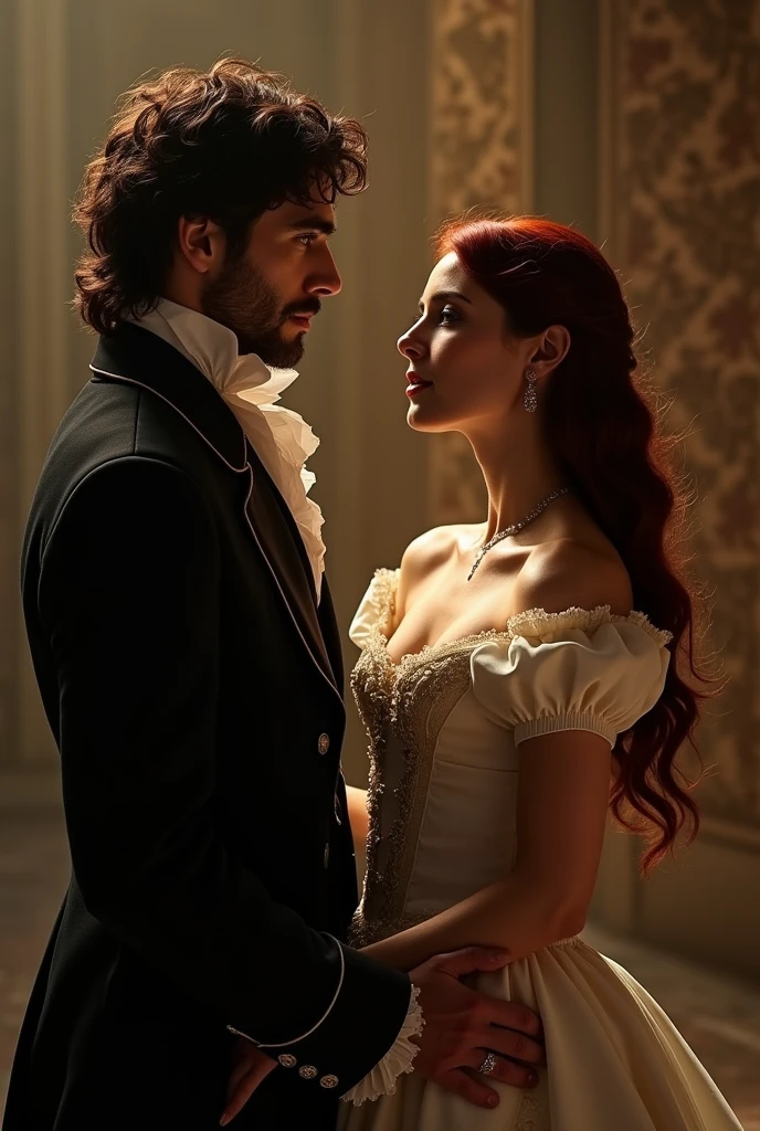 period romance inspired by beauty and the beast (19th century) in the spotlight: dark hair man, some scars on the hand and neck. woman with long dark red loose hair, shorter than man, elegant period dress. ao fundo uma floresta, fild, in neutral and warm tones