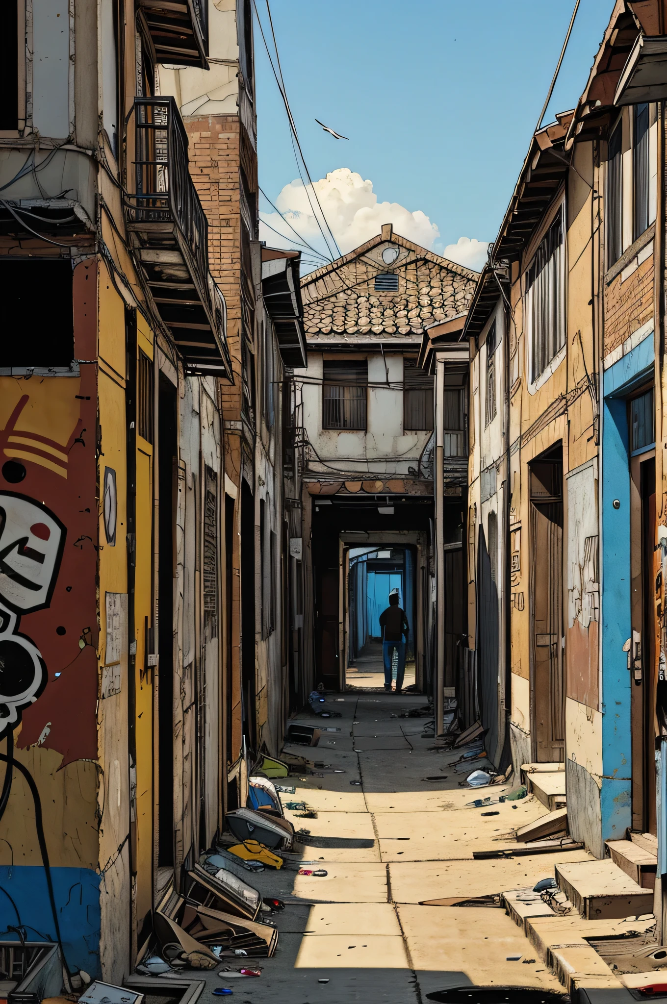 Brazilian favela, clear cloudless day, its warm sunny blue, dirty alley, brick houses, old car abandoned on the sidewalk, shacks, rubble, walls with graffiti, people walking, Comics Americans, drop shadow, from side, three sided view, Comics American, UHD, masterpiece, accurate, anatomically correct, textured skin, super detail, high details, high quality, award winning, best quality, highres