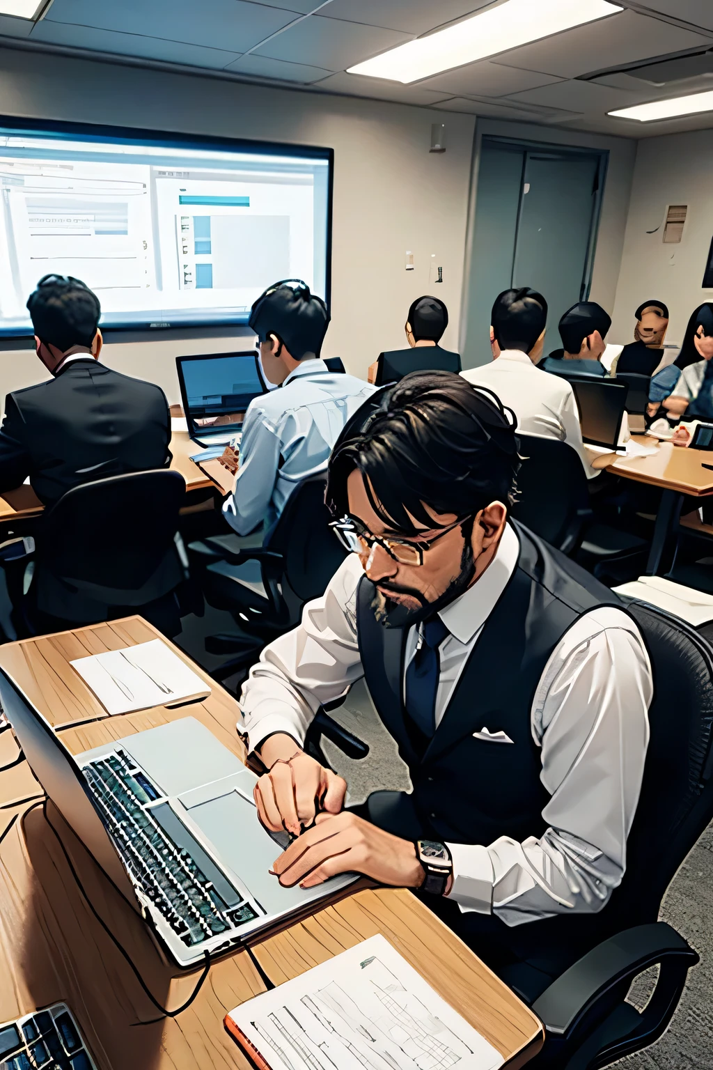 A middle aged man, from Egypt, medium black hair and beard, with glasses, with a formal shirt, sitting in big office, far shot, working on his laptop, people in the background, white people from USA, also working on their laptops,

