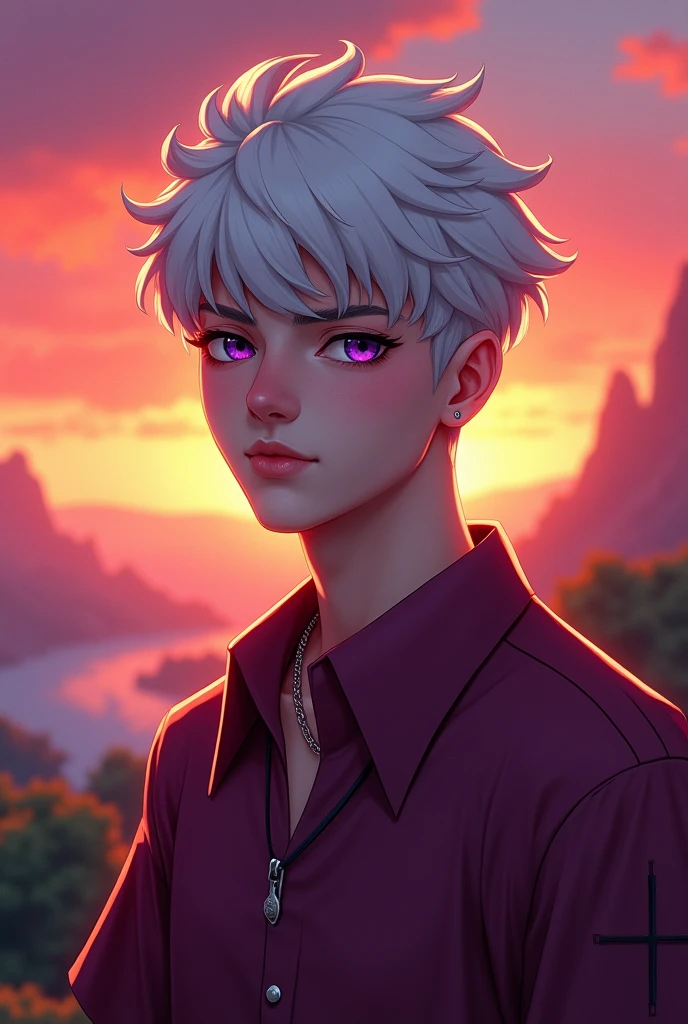 Make a 2D drawing of a young man with white hair, purple eyes and square wine shirt like in minecraft. And a 2d sunset background