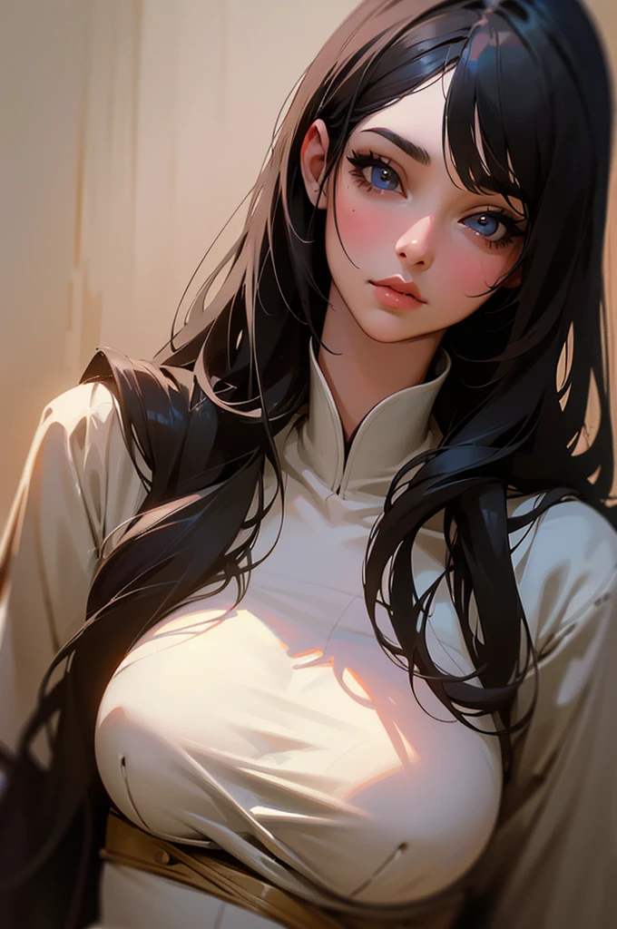 a girl with long black hair, beautiful detailed eyes, beautiful detailed lips, beautiful detailed face, large breasts, realistic, photorealistic, photo-realistic:1.37, best quality, 4k, 8k, highres, masterpiece:1.2, ultra-detailed, extremely detailed eyes and face, longeyelashes, elegant pose, soft lighting, warm color palette, cinematic, highly detailed, digital painting