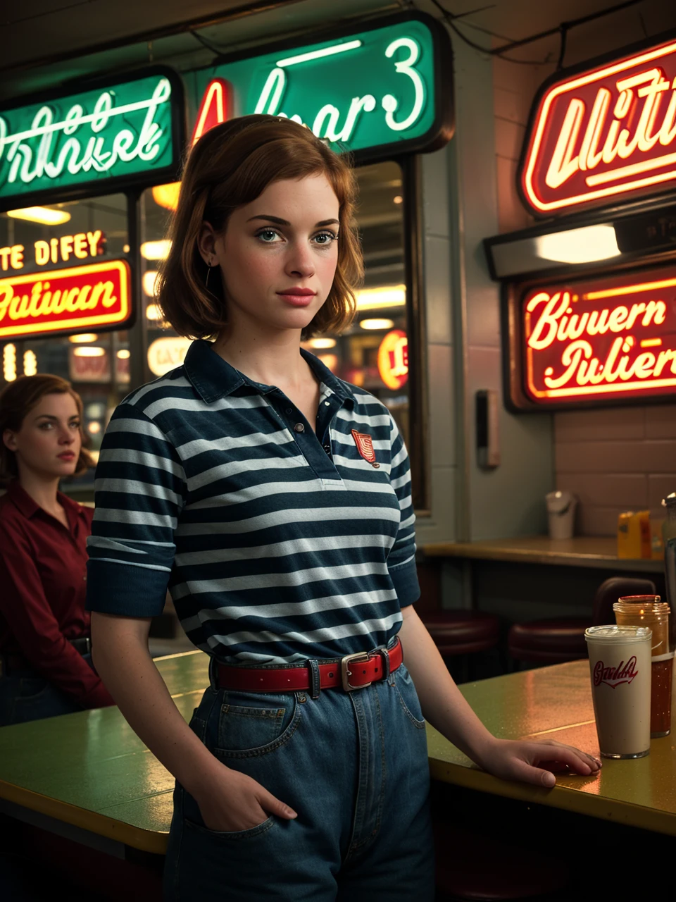 a realistic photograph of beautiful(J4n313vy:1.1) woman as a waitress,standing behind the counter of a 1950's (american diner restaurant:1.1),with a striped shirt and red belt,soft lighting,neon signs,jukebox playing in background,high quality,film grain,kodachrome,(highly detailed),(Award winning),(Masterpiece),(HDR),(8k wallpaper),colorful,intricate,detailed,looking_at_viewer,highres,absurdres,hyper realistic,HDR UDH 8K wallpaper,depth_of_field,(low_view:1.2),PA7_Portrait-MS,