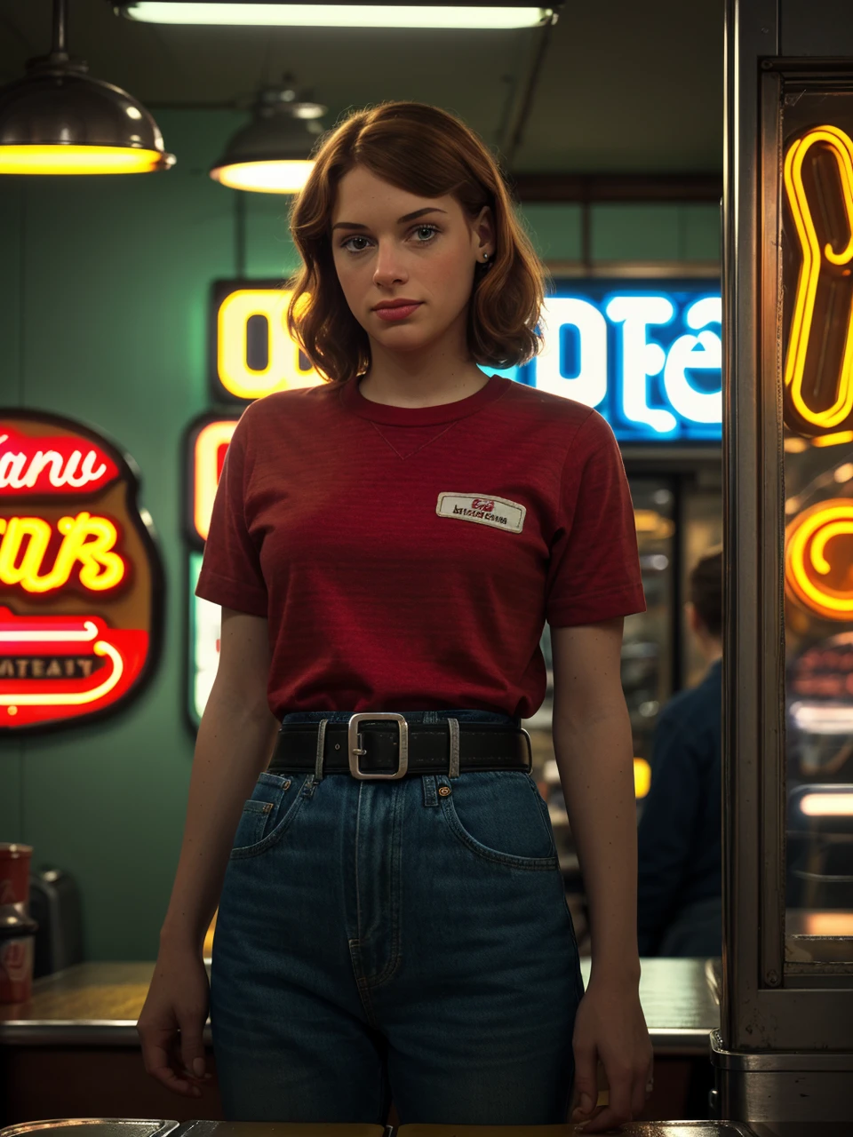 a realistic photograph of beautiful(J4n313vy:1.1) woman as a waitress,standing behind the counter of a 1950's (american diner restaurant:1.1),with a striped shirt and red belt,soft lighting,neon signs,jukebox playing in background,high quality,film grain,kodachrome,(highly detailed),(Award winning),(Masterpiece),(HDR),(8k wallpaper),colorful,intricate,detailed,looking_at_viewer,highres,absurdres,hyper realistic,HDR UDH 8K wallpaper,depth_of_field,(low_view:1.2),PA7_Portrait-MS,