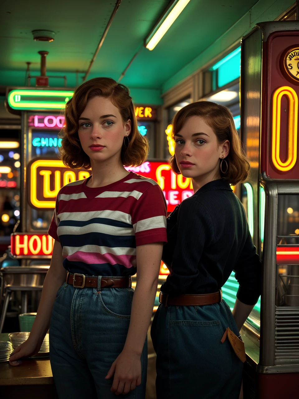 a realistic photograph of beautiful(J4n313vy:1.1) woman as a waitress,standing behind the counter of a 1950's (american diner restaurant:1.1),with a striped shirt and red belt,soft lighting,neon signs,jukebox playing in background,high quality,film grain,kodachrome,(highly detailed),(Award winning),(Masterpiece),(HDR),(8k wallpaper),colorful,intricate,detailed,looking_at_viewer,highres,absurdres,hyper realistic,HDR UDH 8K wallpaper,depth_of_field,(low_view:1.2),PA7_Portrait-MS,