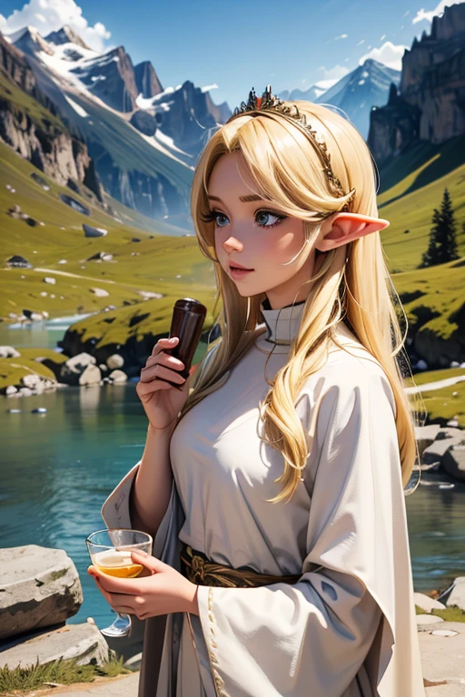 Beautiful blonde elf giving holy water in the mountains