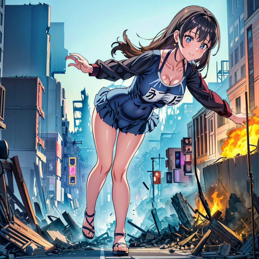 Composition seen from below　((high school girl))　school uniform　Navy Blue Skirt　tie　(Cloudy)　((Grayish sky))　masterpiece　　Anime Style　Delicate painting　4K　the 90s　Giant　crowd　 ((battlefield))　　((destroyed metropolis))　((Collapsed building))　((ruins))　((Rubble pile))　((fire))　((flame))　crowd　crowd　((((A girl in a Giant swimsuit walking through the city valley)))　　白いshoes下　clock　Black Hair　　smile　　female Giant Giant girl Whole body 　 crowdアンリアルエンジン,Cleavage ,Picture , Earrings, Long Hair,cute picture　beauty　Analog Style　whole body　shoes