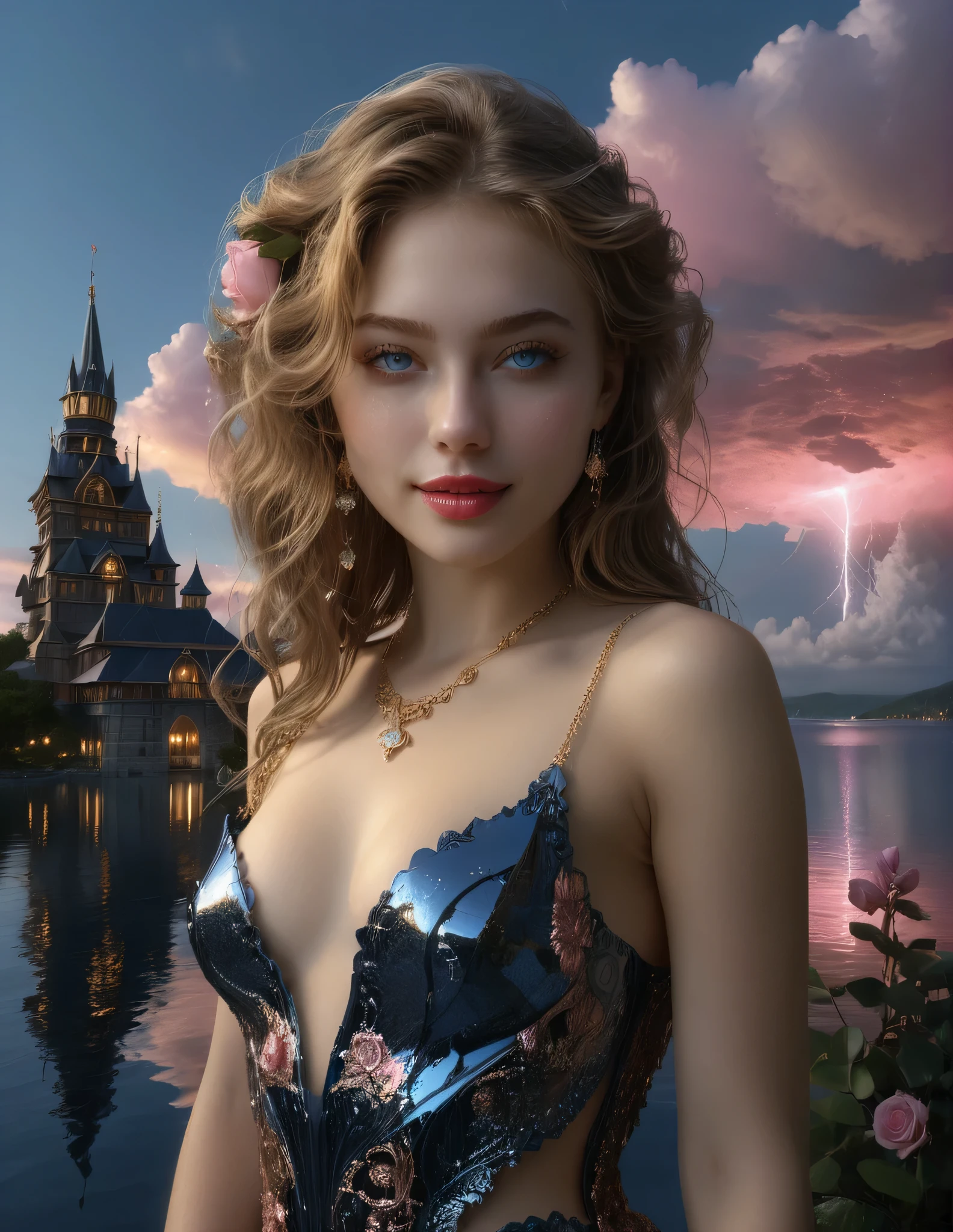 (8k, highest quality, masterpiece, final fantasy style: 1.2), (unRealistic, photoRealistic: 1.37), Dreamy landscape, Fantasy, Unsurreal landscapes, Super detailed, Flying Castle, Floating Island in the Sky, Seven-colored swirl of light, Intense lightning, milky way, Complex Light, Colored light, Large Lake, Starry sky reflected on the lake surface, Countless shining stars, Meteors, Reflections , (A pillar of light emanated from the ground:1,2), roses and orchids gardens , sunset, pink clouds, waterfall in the sky, realistic style, Hyperrealism drawing, a flying pirate spaceship floating at the clouds level, burning skyscrapers, cyborgs, timeless realms, (((stunning princess and her 2 beautiful servants))) , floating hair, pink lipstick, cute, naked shoulders , circlet, sideless, backless, alluring full body shot stylized by Jeremy Mann, Rule of Thirds, shots from different angles of beautiful 20 years old Female fairy, stunningly beautiful and cute,, Wide view, Fearful, natural Colors, hot but scary, womanly, beautiful mesmerizing face and nose, pink lipstick, blue eyes, Gothic style red transparent short gown, expensive accessories, beautiful legs, naughty unique poses, masterpiece, beautiful mesmerizing symmetrical blue eyes, naughty cute smile, fit body,, realistic, hyperrealism, lifelike photography, long brunette hair, smiling,bright light on face ,frontlighting, gown,golden necklaces,golden brochures, beautiful dark blue eyes ,professional makeup, pink lipstick,, realistic, , beautiful mesmerizing faces reflecting from the dark horizon, nebulas and stars at the horizon, dark blue beautiful symmetric eyes ,perfect eyes,extremely detailed face, lifelike photography, ultra high detailed,naughty smile ,high quality ,alluring beauty full body shot, gorgeous Russian girl, awesome action photos, realistic, hyperrealism, fantasy , beautiful fit body, beautiful legs, golden ratio, 