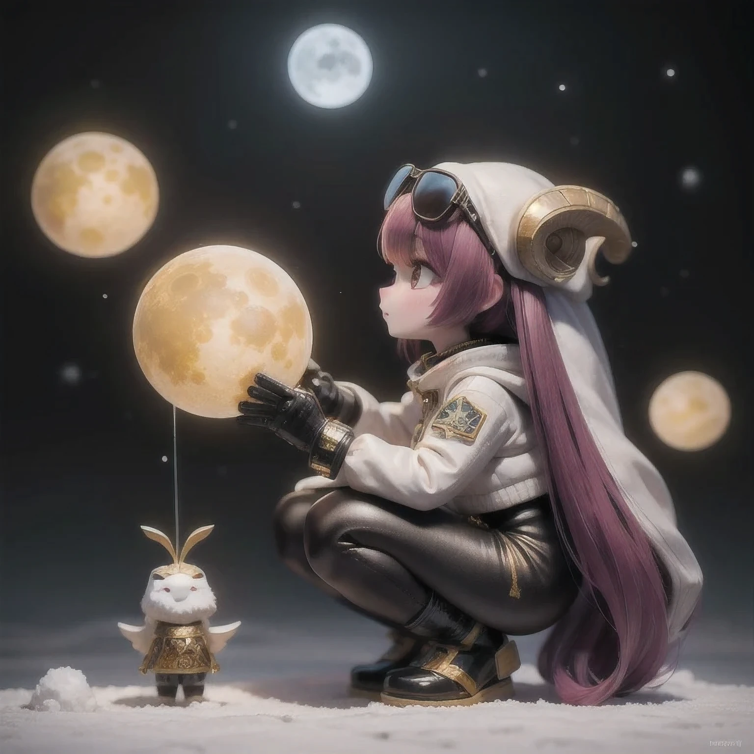 Lunar snow area Big Horned Ghost Golden Sheep Wearing Future Black Gold Silk Space Suit Space Squatting 1：900 miniatures，Realistic Painting，
Wear reflective black sunglasses，Full body portrait，Side View，Tulle Chest Protector，Burgundy Leggings，Squatting with clenched fists，very happy，Movie Light，Lunar snow area，8k