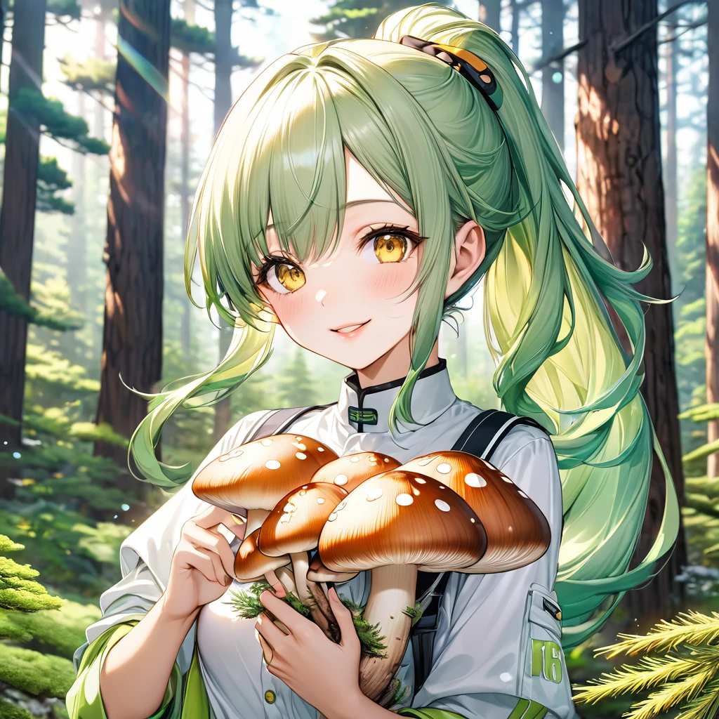 (Mountain Explorer style) (double exposure pastel color), (hand holding a detailed ecstasy brown pine straight mushroom), Smell the scent it, (solo:2, 15 yo) (beautiful ponytail) (beautiful pastel green hair long hair) (beautiful sexy girl) (detailed cute yellow eyes) (best smile, glossy lip) (medium tits), in a summer Speculator uniform, break, in the beautiful Pine forest, BREAK, perfect anatomy, masterpiece, best quality, 16k, beautiful detailed grow, daydreaming expression.