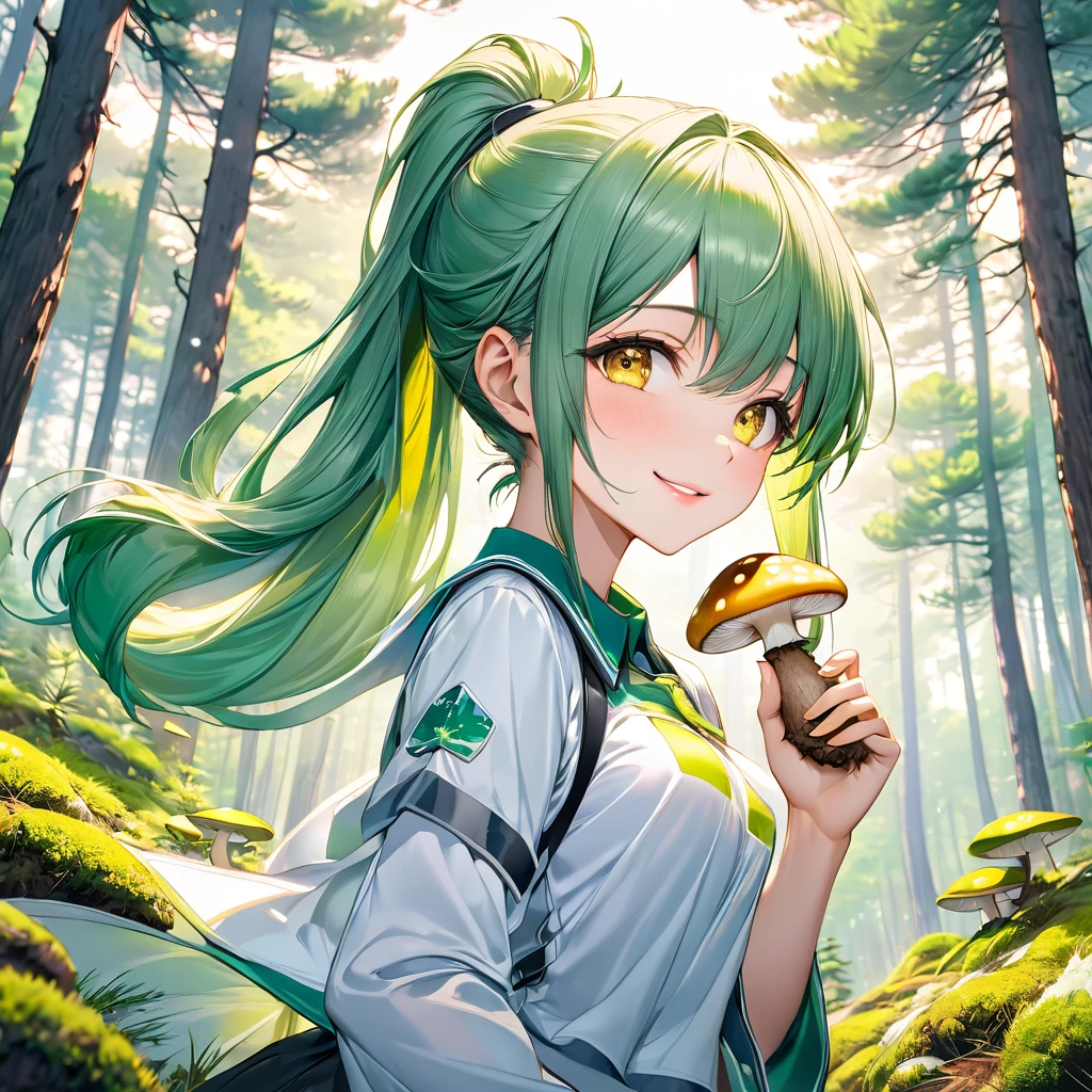 (Mountain Explorer style) (double exposure pastel color), (hand holding a detailed ecstasy brown pine straight mushroom), Smell the scent it, (solo:2, 15 yo) (beautiful ponytail) (beautiful pastel green hair long hair) (beautiful sexy girl) (detailed cute yellow eyes) (best smile, glossy lip) (medium tits), in a summer Speculator uniform, break, in the beautiful Pine forest, BREAK, perfect anatomy, masterpiece, best quality, 16k, beautiful detailed grow, daydreaming expression.
