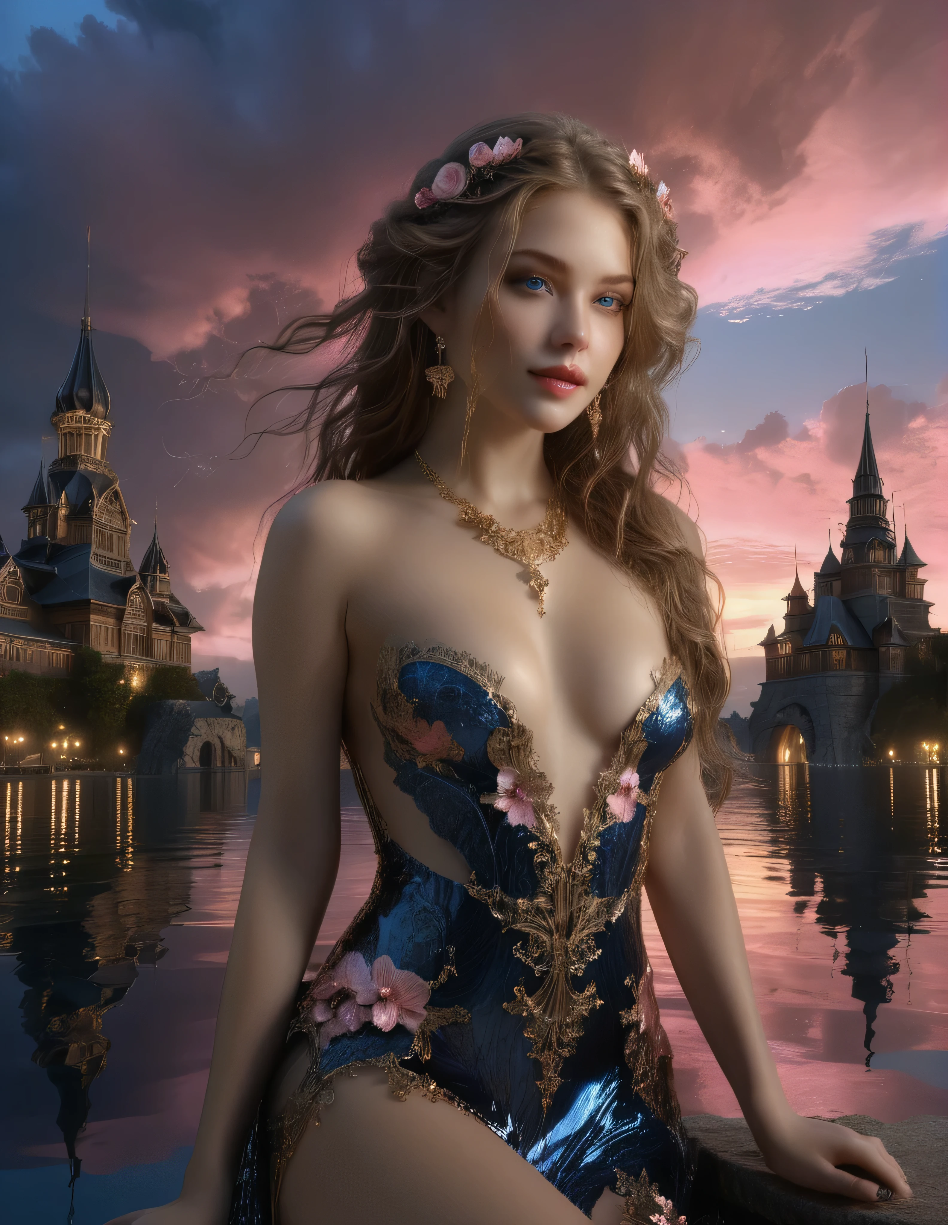 (8k, highest quality, masterpiece, final fantasy style: 1.2), (unRealistic, photoRealistic: 1.37), Dreamy landscape, Fantasy, Unsurreal landscapes, Super detailed, Flying Castle, Floating Island in the Sky, Seven-colored swirl of light, Intense lightning, milky way, Complex Light, Colored light, Large Lake, Starry sky reflected on the lake surface, Countless shining stars, Meteors, Reflections , (A pillar of light emanated from the ground:1,2), roses and orchids gardens , sunset, pink clouds, waterfall in the sky, realistic style, Hyperrealism drawing, a flying pirate spaceship floating at the clouds level, burning skyscrapers, cyborgs, timeless realms, (((stunning princess and her 2 beautiful servants))) , floating hair, pink lipstick, cute, naked shoulders , circlet, sideless, backless, alluring full body shot stylized by Jeremy Mann, Rule of Thirds, shots from different angles of beautiful 20 years old Female fairy, stunningly beautiful and cute,, Wide view, Fearful, natural Colors, hot but scary, womanly, beautiful mesmerizing face and nose, pink lipstick, blue eyes, Gothic style red transparent short gown, expensive accessories, beautiful legs, naughty unique poses, masterpiece, beautiful mesmerizing symmetrical blue eyes, naughty cute smile, fit body,, realistic, hyperrealism, lifelike photography, long brunette hair, smiling,bright light on face ,frontlighting, gown,golden necklaces,golden brochures, beautiful dark blue eyes ,professional makeup, pink lipstick,, realistic, , beautiful mesmerizing faces reflecting from the dark horizon, nebulas and stars at the horizon, dark blue beautiful symmetric eyes ,perfect eyes,extremely detailed face, lifelike photography, ultra high detailed,naughty smile ,high quality ,alluring beauty full body shot, gorgeous Russian girl, awesome action photos, realistic, hyperrealism, fantasy , beautiful fit body, beautiful legs, golden ratio,