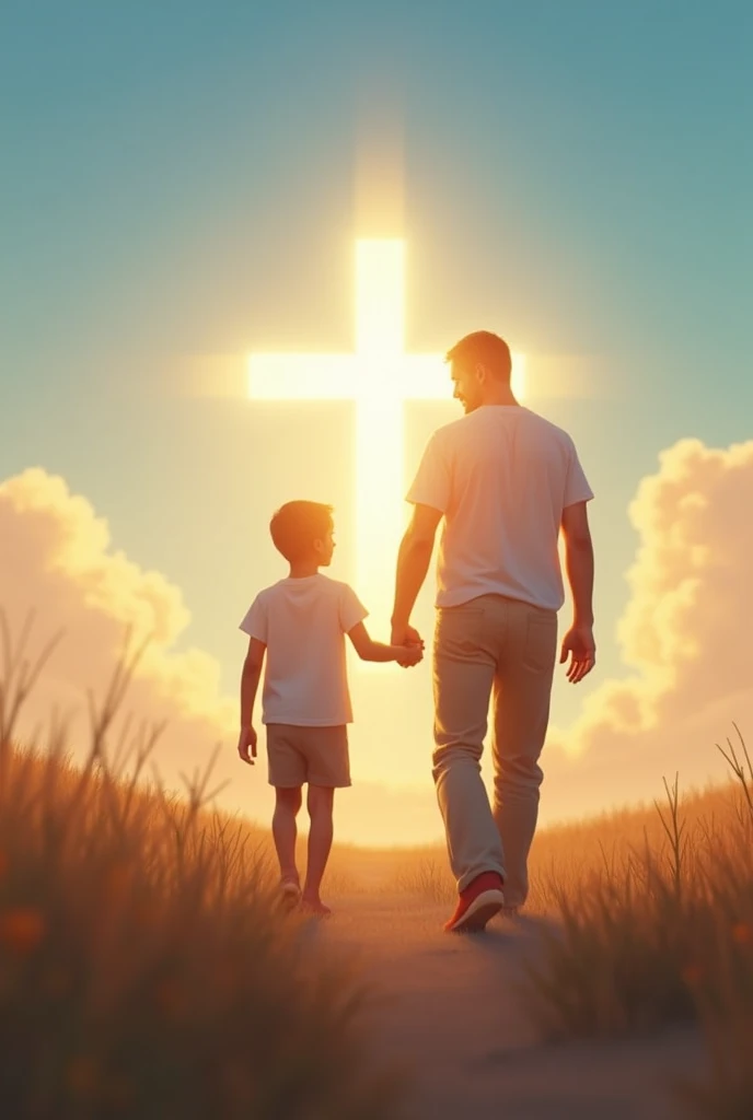 a scene where a father and his son are holding hands, walking. Ao fundo, the sunlight rises, symbolizing hope and divine guidance. in the blue sky, a bright cross or a cross-shaped beam of light, highlighting the faith that unites the family and the importance of the father as a spiritual guide