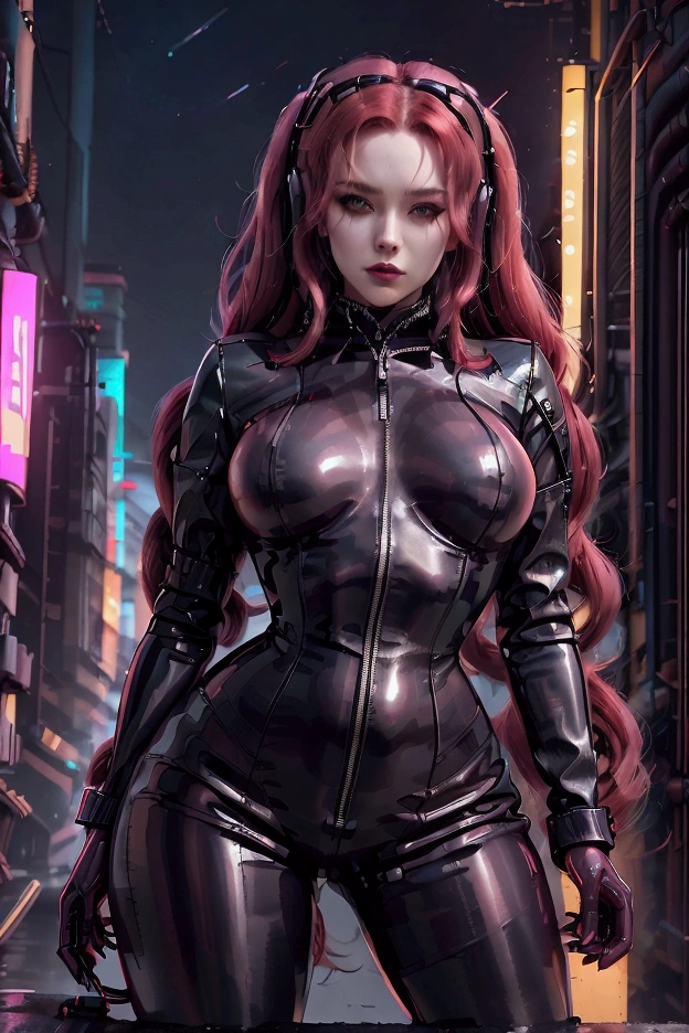 Woman dressed in black latex jumpsuit, adhering to your body and highlighting your curves, high collar and long sleeves, cyberpunkstyle, Translucent latex, hip-length coppery red hair, loose and smooth, holding a sniper gun, at night