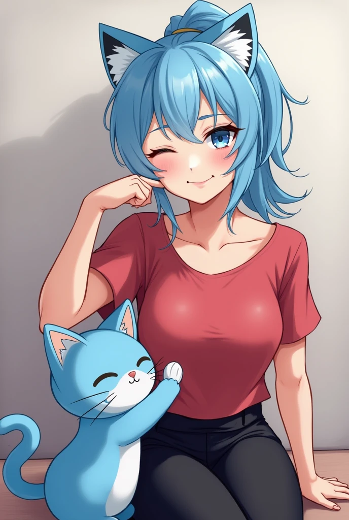 A lady with light blue hair and a ponytail in her hair, wearing a red shirt and black pants, without a collar, and with a blue cat with a bit of white in its fur and a Poppy Playtime stuffed animal.