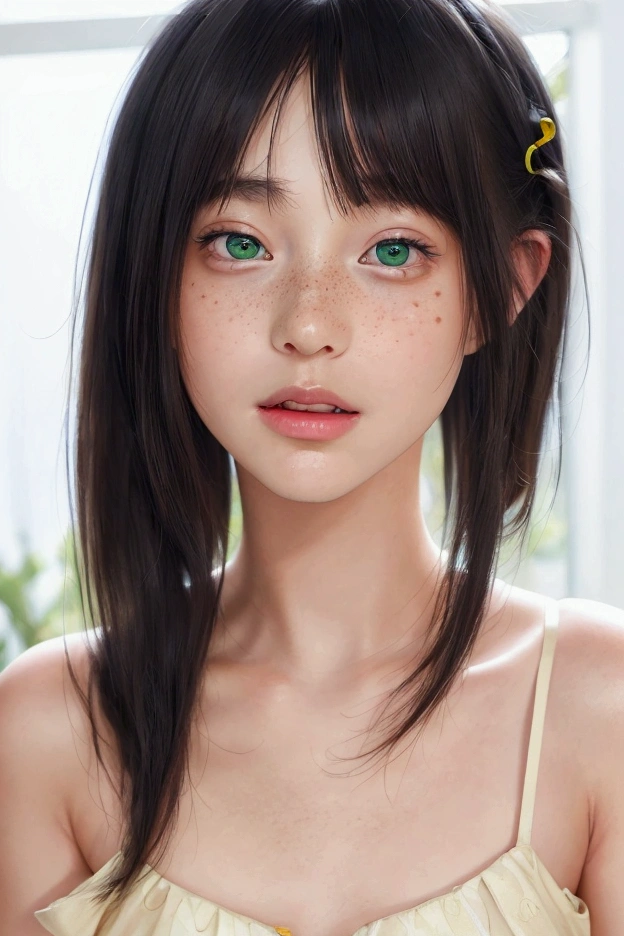 blond woman with freckles and freckles looking at camera, 12 year old, soft portrait shot 8 k, cinematic realistic portrait, ultra-realistic digital art, beautiful realistic photo, 🤤 girl portrait, (green eye), (black hair), (long hair), hyper realistic teen, ultra realistic digital painting, ultra realistic digital art, ultra realistic digital art, very realistic digital art, realistic digital art 4k, realistic digital art 4 k, photo realistic digital arts