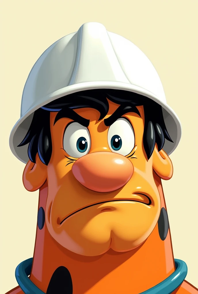 Fred Flinstons in white helmet not laughing rolling his eyes