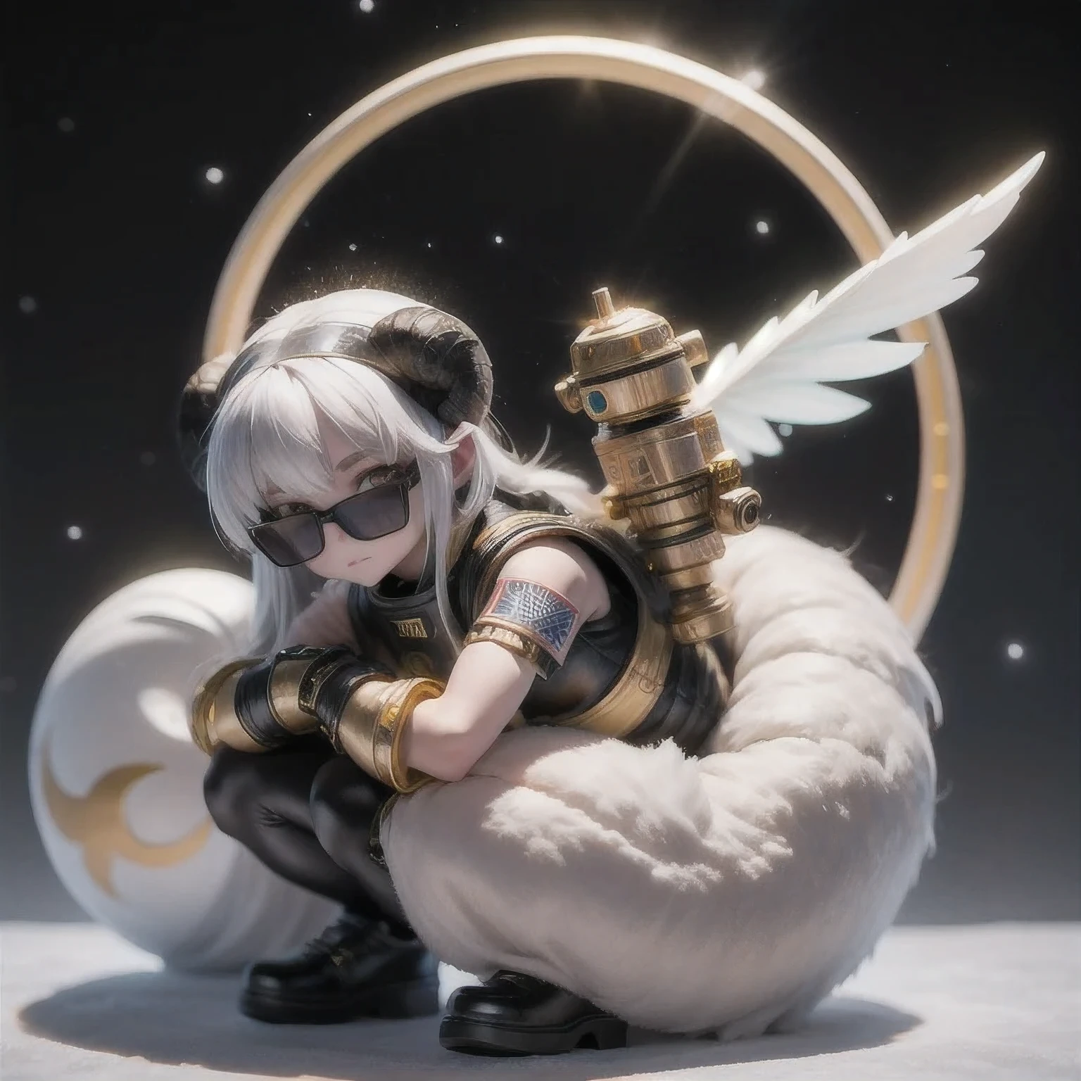 Lunar snow area Big Horned Ghost Golden Sheep Wearing Future Black Gold Silk Space Suit Space Squatting 1:900 miniatures,Realistic Painting,
Wear reflective black sunglasses,Full body portrait,Side View,Tulle Chest Protector,Burgundy Leggings,Squatting with clenched fists,very happy,Movie Light,Lunar snow area,8k