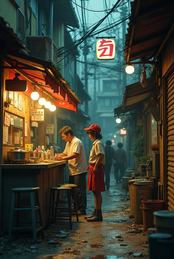 ((masterpiece、Highest quality))、Poor conditions、Japan 1980s, Dirty Standing Tavern、Old and dirty store, Unsanitary and dirty downtown Tokyo, Japan Streets, Cute girl working at the store、Poor workers、Rusted corrugated iron, Unhygienic restaurant, in the Tokyo cityscape, Kodachrome : : 8k yen, Vintage Photography, Printed matter from the 1970s