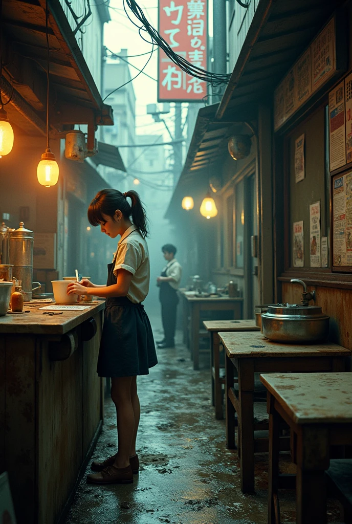 ((masterpiece、Highest quality))、Poor conditions、Japan 1980s, Dirty Standing Tavern、Old and dirty store, Unsanitary and dirty downtown Tokyo, Japan Streets, Cute girl working at the store、Poor workers、Rusted corrugated iron, Unhygienic restaurant, in the Tokyo cityscape, Kodachrome : : 8k yen, Vintage Photography, Printed matter from the 1970s