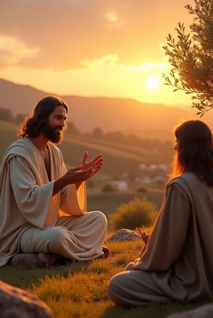 A serene and realistic scene in high resolution showing Jesus Christ in a teaching moment with his disciples in an ancient region of Israel at dusk. Jesus is at the center of the image, wearing a simple white linen tunic, with a kind and peaceful expression as he speaks to his disciples gathered around him. They are sitting on a grassy plot of land, with rocks and small olive trees in the background. The golden light of the sunset bathes the scene, creating a warm and welcoming environment. The sky is tinged with orange and pink, reflecting the tranquility of the moment. The disciples' faces show respect and admiration, absorbing the words of Jesus, who gestures gently with his hands while teaching. Ao fundo, the gentle hills of Israel, with a small village in the distance, complete the scenario