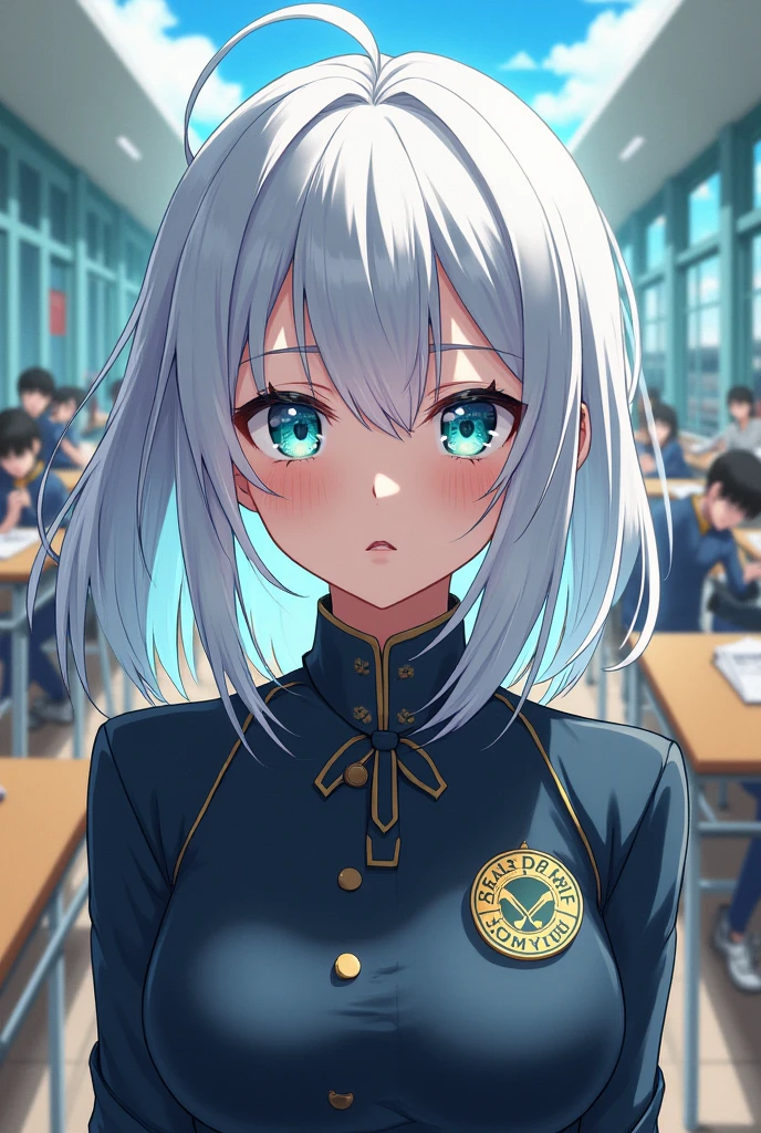 baku no hero template, girl with white hair and turquoise eyes with dark circles, wears the UA uniform and has a class in the background