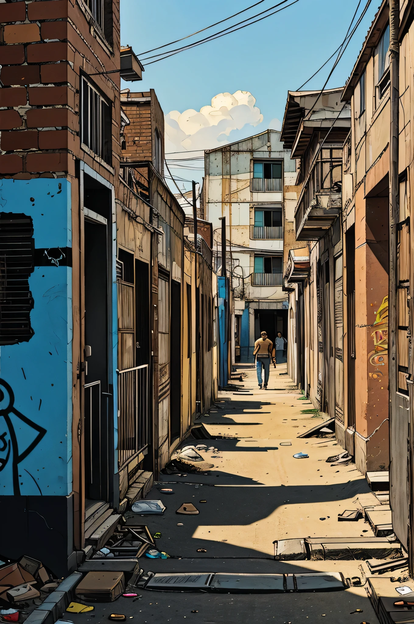 Brazilian favela, clear cloudless day, its warm sunny blue, dirty alley, brick houses, old car abandoned on the sidewalk, shacks, rubble, walls with graffiti, people walking, Comics Americans, drop shadow, from side, three sided view, Comics American, UHD, masterpiece, accurate, anatomically correct, textured skin, super detail, high details, high quality, award winning, best quality, highres