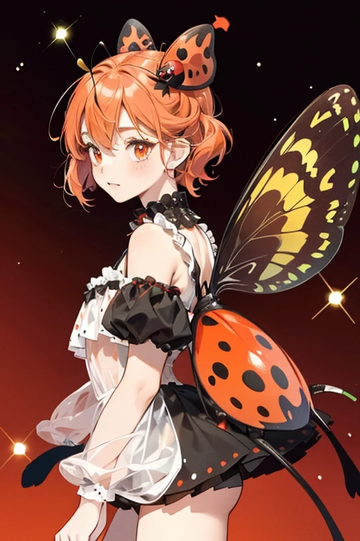 Polka is a red-orange ombre girl ladybug/ladybird with white wings, face, , and hind legs, and black spots, antennae, and front legs. SPARKLE; GLITTER