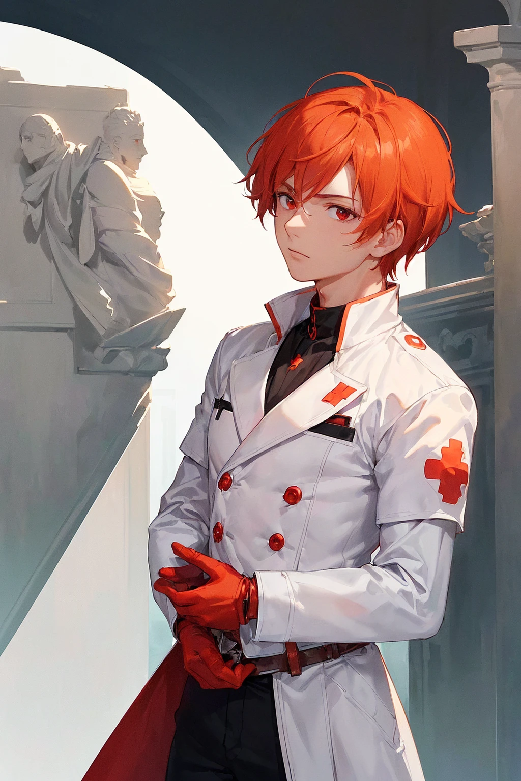 (((masterpiece; best quality: 1.2))), (finely detailed eyes: 1.3), ((ung man)), ((solo)), (red eyes: 1.4), (body shape; lean, masculine, manly: 1.3), (very short orange hair: 1.3), (beautiful and clear background: 1.2), ((depth of field)), (equipment: high-fantasy medic garb + white long-sleeve overcoat + armband with red cross + black high-neck shirt + gloves: 1.3), (anime illustration: 1.2), (background composition; palace gardens + day: 1.1), (extremely handsome: 1.1), (shot composition; standing + centered on face + bust close-up: 1.5), (facial expression; calm, stoic: 1.2)