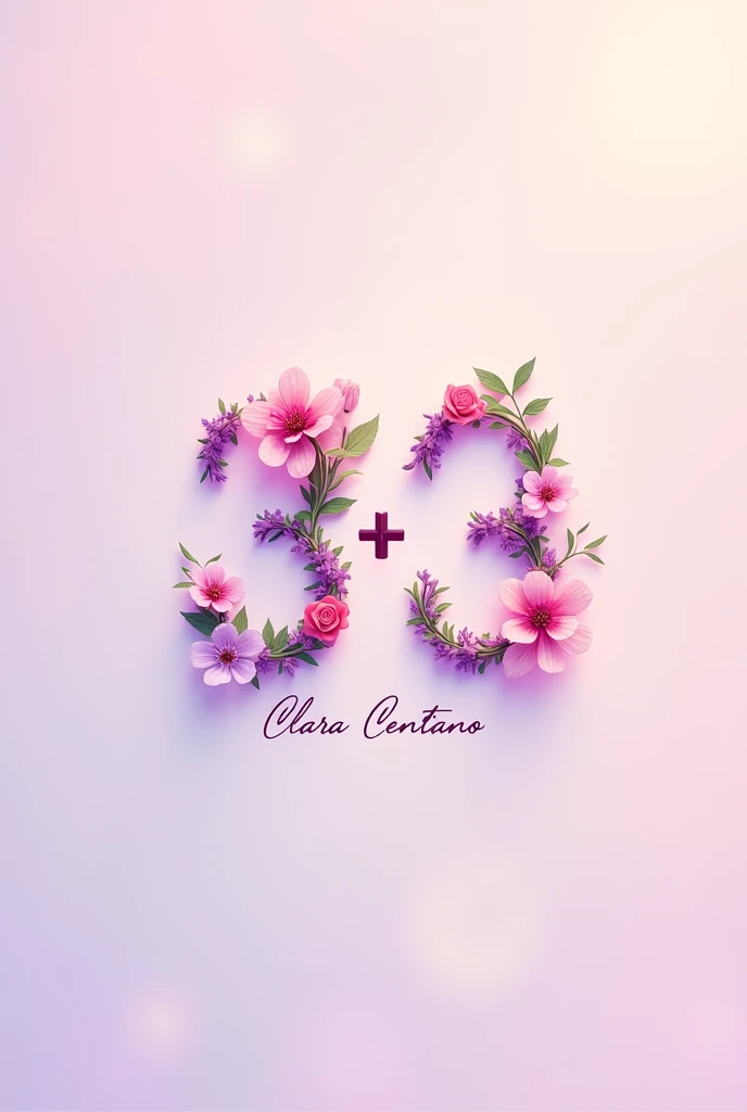 Create the logo for the album "3+3"
put the name "Clara Centtano" just below "3+3. Cover color: pink and purple. Put 3+3 And flowers