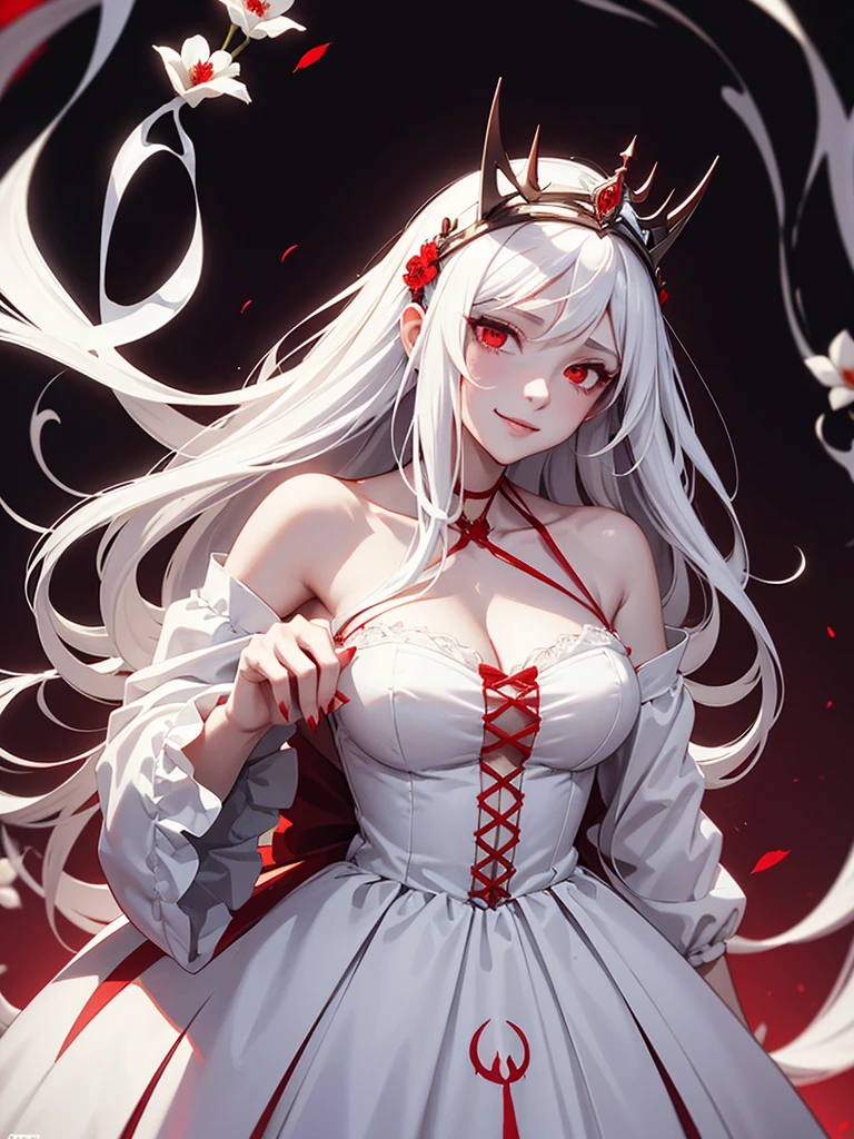 woman, red eyes, white long wavy hair, noble, like prince, sadistic smile, queen. her front hair is tied up. her. where dress like princess. she sadistic and cruel women. like a strong women. wearing flowers on her head. her white dress is stained with blood. halloween night. have blood on her dress. like a ghost