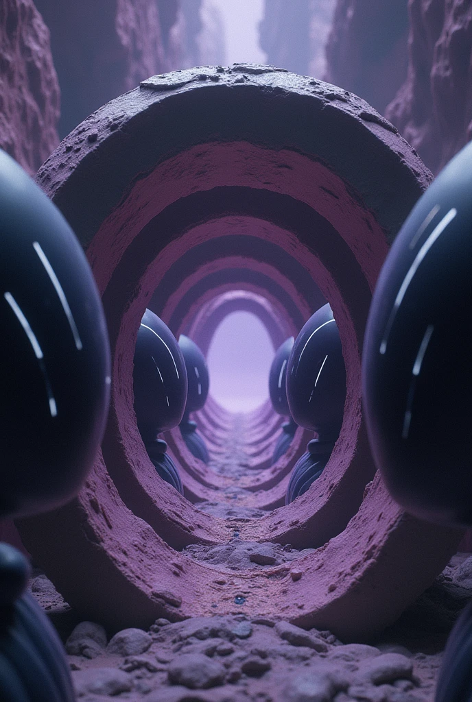 Photorealistic dmt trip in tunnel made of thin modular layers, each layer inside with scales like texture, all layers going inside a void made of dark mist, all in purple tones to gray tones, outside around the tunnel three big heads of black entities with alien eyes, their eyes have a strange thin white design around them. All with dream like texture