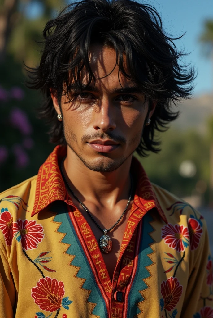 Damiano from the band Maneskin in traditional clothes from southern Brazil