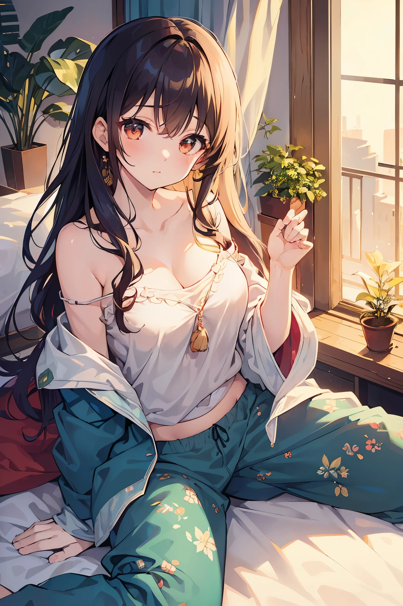 (mastepiece:1.2), beautiful woman, sitting on bed, wearing loose off-shoulder top, pajama pants, long curly hair, indoors, soft lighting, plants in background, window with sunlight, cozy room, relaxed pose, intricate details, warm colors, Japanese high school girl