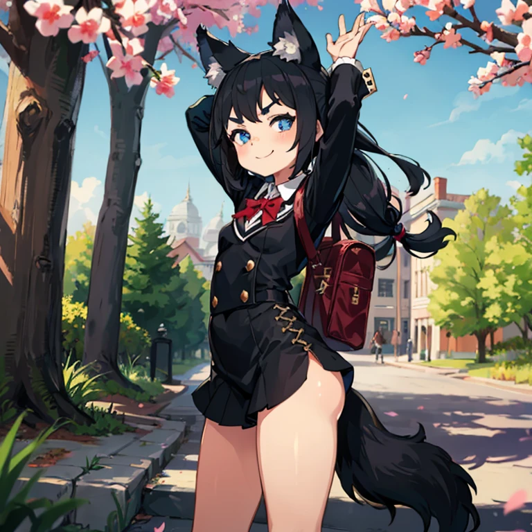 Young girl with black hair, long twintail, twintail hairstyle, (blue eyes), ((small bushy eyebrows)), (wolf ears up), wearing gothic lolita, lolicon clothes, going to school, dull eyes, dull face, going to school, flirtatious smile, small and perky breasts, in a park, wide hips, ready to have sex