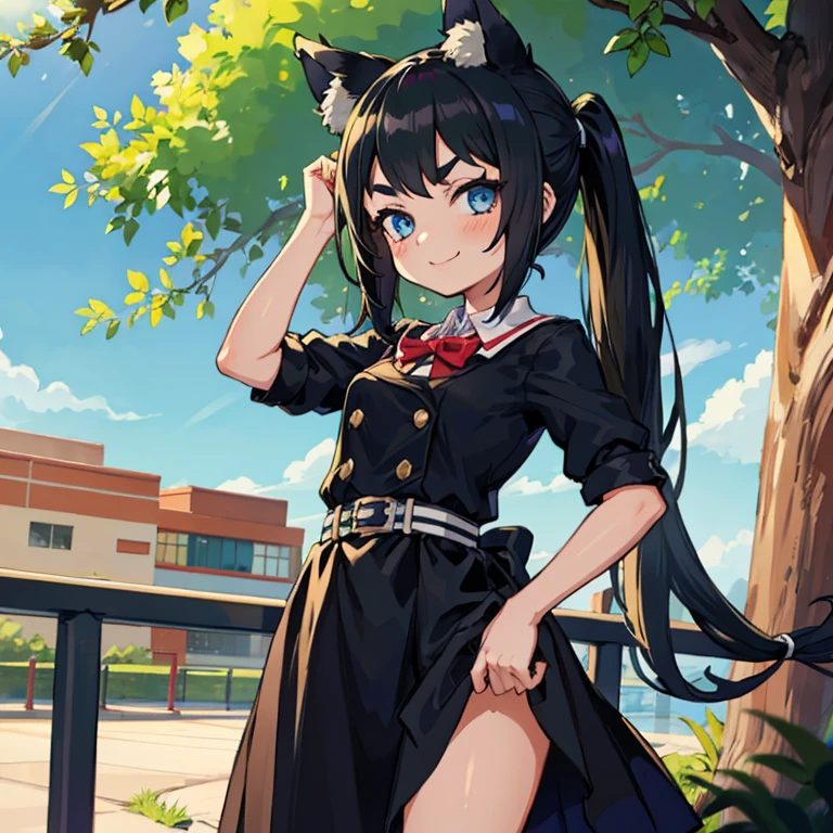 Young girl with black hair, long twintail, twintail hairstyle, (blue eyes), ((small bushy eyebrows)), (wolf ears up), wearing gothic lolita, lolicon clothes, going to school, dull eyes, dull face, going to school, flirtatious smile, small and perky breasts, in a park, wide hips,